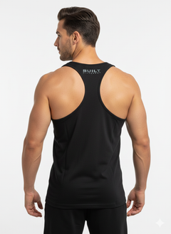 A man models the Men’s Gym Clothes AU BDHQ: Racer Back Vest (180GSM) – Classic Cut, Lightweight Stretch, and matching shorts in black, with his back to the camera showing off the "BUILT" print. The setting features a plain white background.