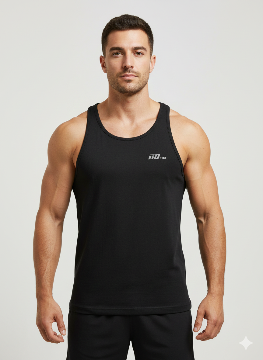 A man with short dark hair and a trimmed beard wears the BDHQ: Racer Back Vest (180GSM) – Classic Cut, Lightweight Stretch from Men's Gym Clothes AU, paired with black shorts, standing against a plain light background facing forward.