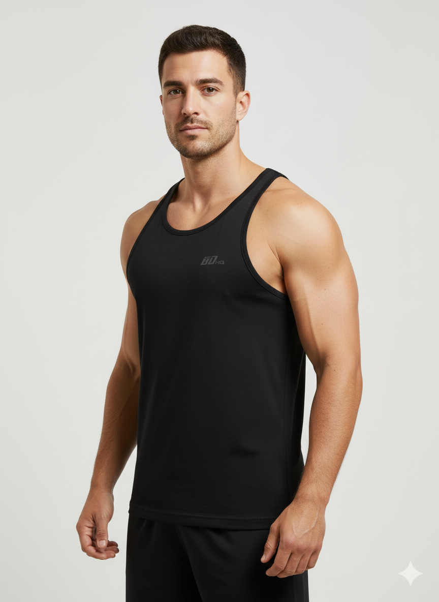 A man with short dark hair and light skin faces forward against a plain background, wearing the BDHQ: Racer Back Vest (180GSM) – Classic Cut, Lightweight Stretch by Men's Gym Clothes AU, paired with matching shorts for an ideal training look.