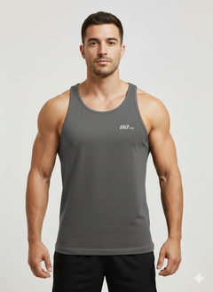 A man with short dark hair and a neutral expression models the BDHQ: Racer Back Vest (180GSM) – Classic Cut, Lightweight Stretch by Men's Gym Clothes AU, featuring “80-10” on the chest, standing against a plain light background.